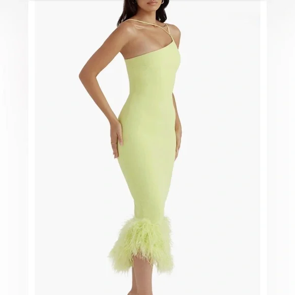 House of CB Alessia Asymmetric Feather Trim Midi Dress - Picture 3 of 5